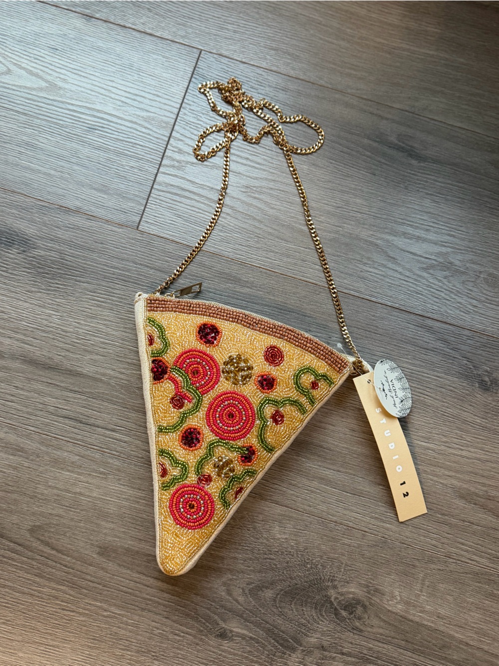 Yellow Beaded Triangle Pizza Beaded purse with Multicolor toppings